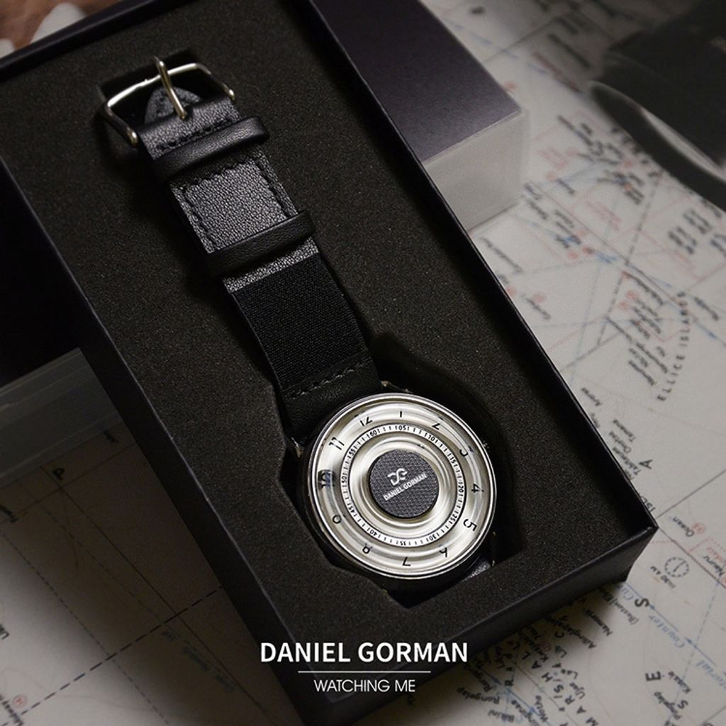 DANIEL GORMAN ｜DGY000WK｜白色透明面 磁吸指針 銀色框 黑色鬆緊+皮革錶帶盒裝
