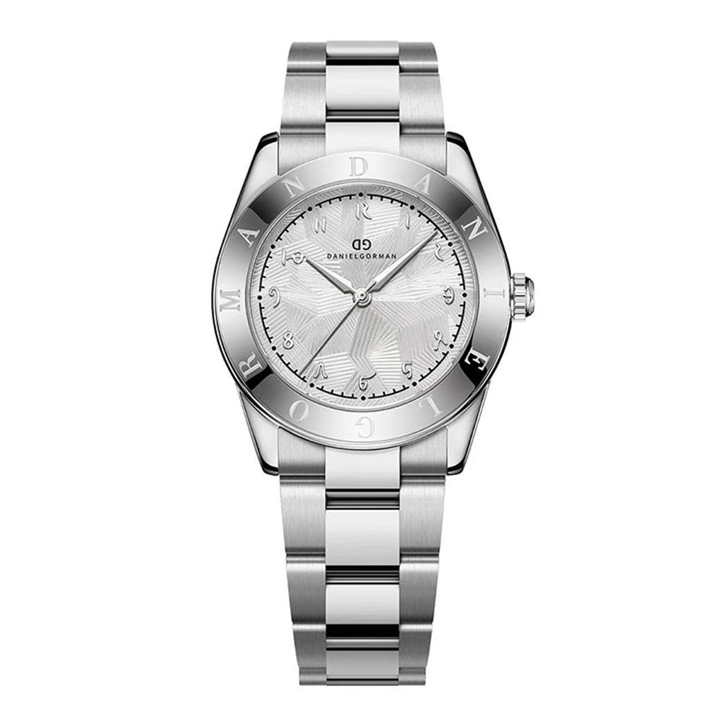 DANIEL GORMAN ｜多巴胺系列 DG9036SS｜銀框白面 不規則紋路 銀色不鏽鋼錶帶正面