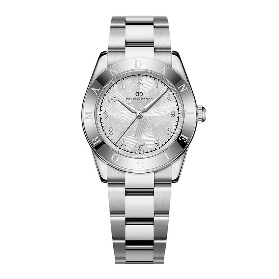 DANIEL GORMAN ｜多巴胺系列 DG9036SS｜銀框白面 不規則紋路 銀色不鏽鋼錶帶正面