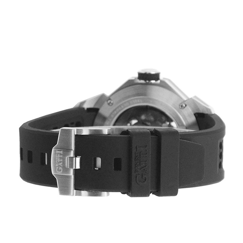 BONEST GATTI 布加迪 | 宇宙系列 BG5805-A2 | 黑銀款 鏤空面盤 黑色氟橡膠錶帶 自動上鍊機械腕錶背面