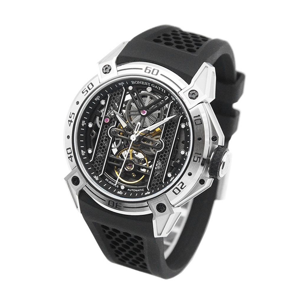BONEST GATTI 布加迪 | 宇宙系列 BG5805-A2 | 黑銀款 鏤空面盤 黑色氟橡膠錶帶 自動上鍊機械腕錶側面