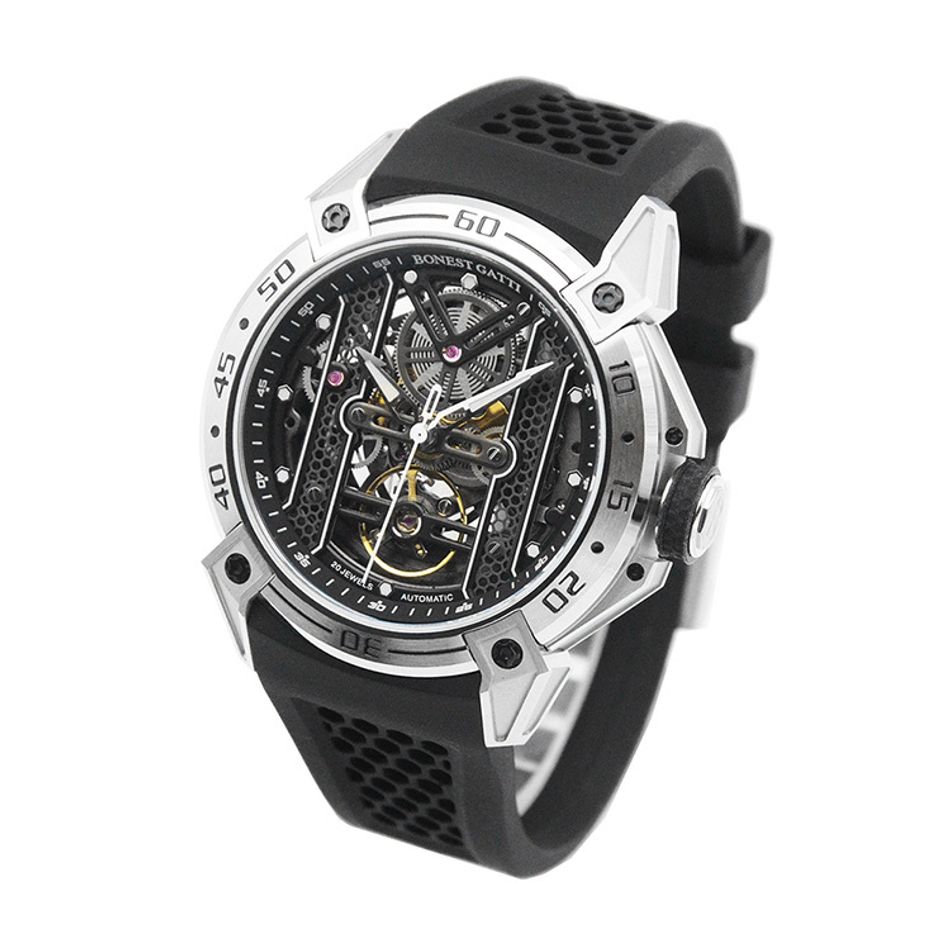 BONEST GATTI 布加迪 | 宇宙系列 BG5805-A2 | 黑銀款 鏤空面盤 黑色氟橡膠錶帶 自動上鍊機械腕錶側面