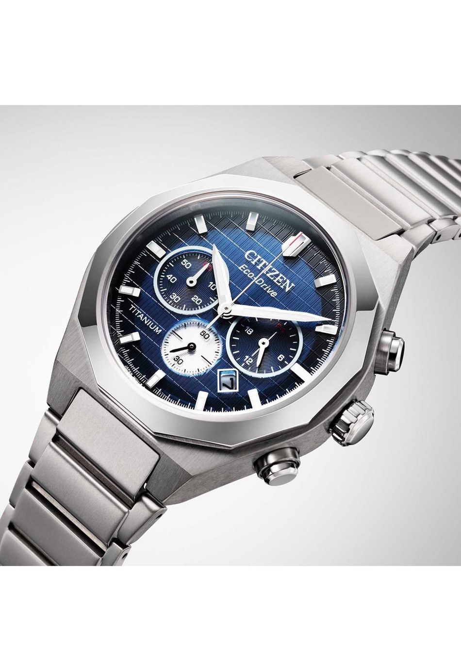 CITIZEN 星辰 | CA4691-59L | 藍面 全鈦金屬 光動能 格紋三眼腕錶 碼錶計時 側面