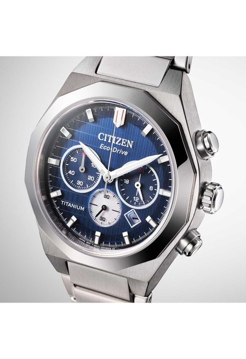 CITIZEN 星辰 | CA4691-59L | 藍面 全鈦金屬 光動能 格紋三眼腕錶 碼錶計時 錶面細節