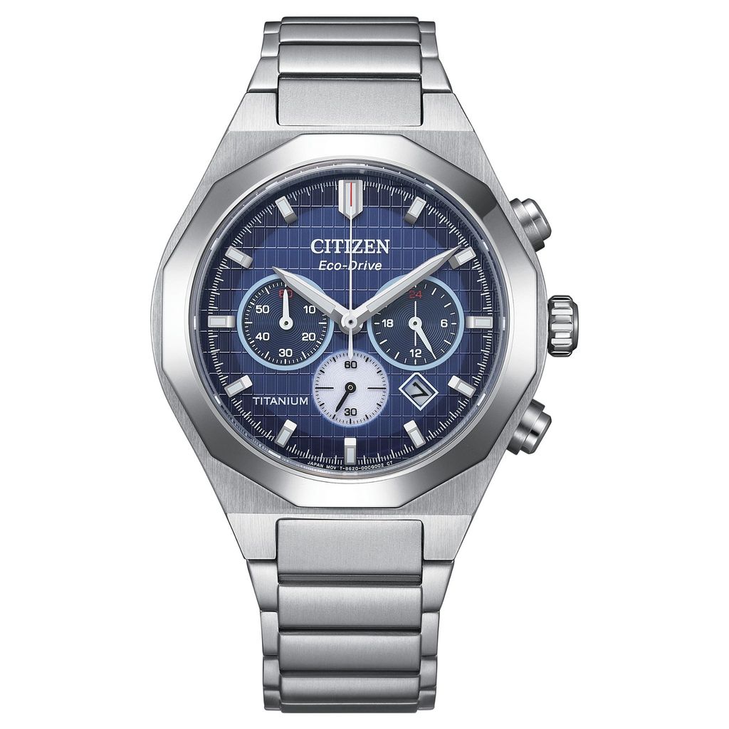 CITIZEN 星辰 | CA4691-59L | 藍面 全鈦金屬 光動能 格紋三眼腕錶 碼錶計時正面