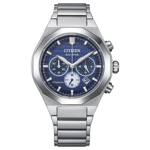 CITIZEN 星辰 | CA4691-59L | 藍面 全鈦金屬 光動能 格紋三眼腕錶 碼錶計時正面