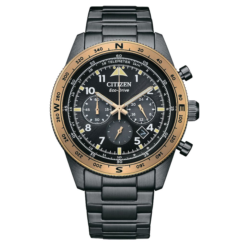 CITIZEN星辰 | Chronograph系列 CA4556-89E | 光動能航空計時錶 黑X香檳金 正面