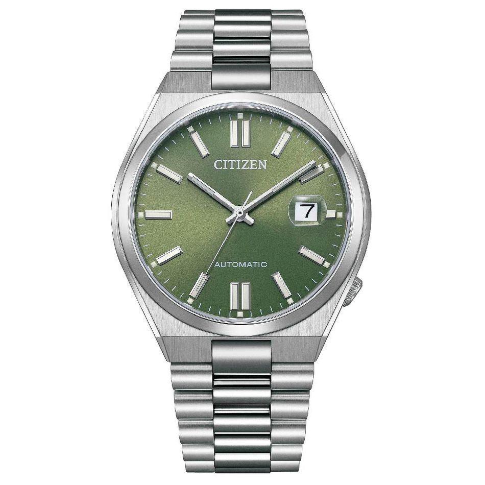 CITIZEN 星辰 | 彩通色彩聯名款 NJ0158-89Z | 翠綠錶面 銀色錶帶 機械錶 正面
