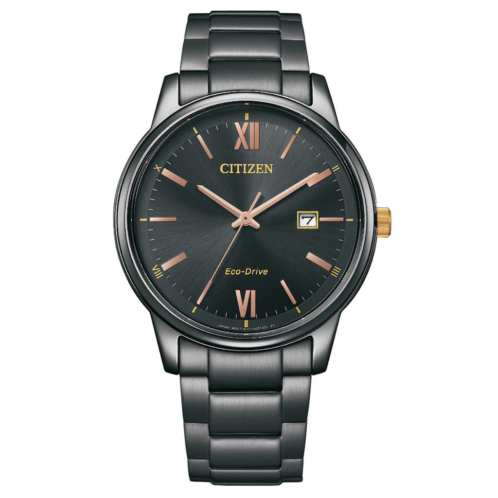 CITIZEN 星辰 | PAIR系列 BM6976-72E | 簡約黑色系 玫瑰金刻度 光動能腕錶 不鏽鋼錶帶 正面