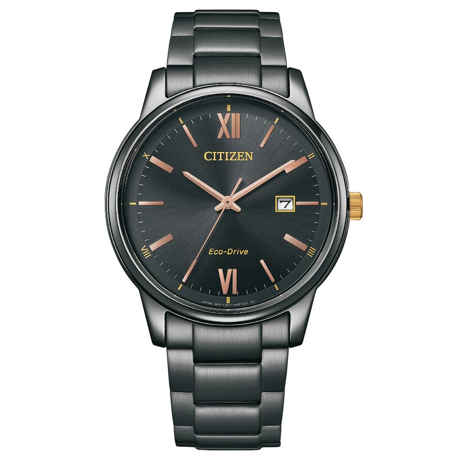 CITIZEN 星辰 | PAIR系列 BM6976-72E | 簡約黑色系 玫瑰金刻度 光動能腕錶 不鏽鋼錶帶 正面