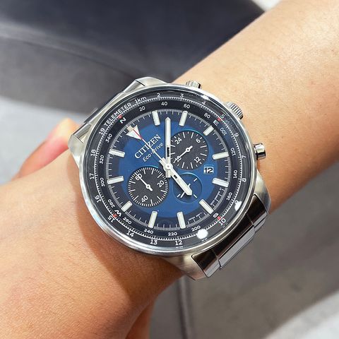 CITIZEN星辰 | Chronograph系列 CA4500-91L | 藍面 不鏽鋼光動能男錶 44mm錶面細節