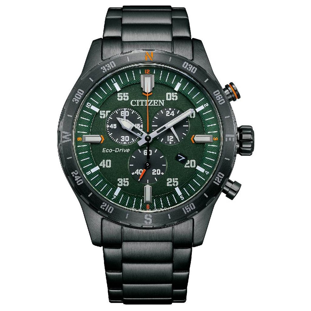 CITIZEN 星辰 | Chronograph系列 AT2527-80X | 黑鋼深綠 三眼計時錶 43.5mm 正面