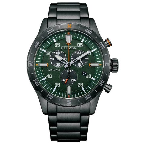 CITIZEN 星辰 | Chronograph系列 AT2527-80X | 黑鋼深綠 三眼計時錶 43.5mm 正面