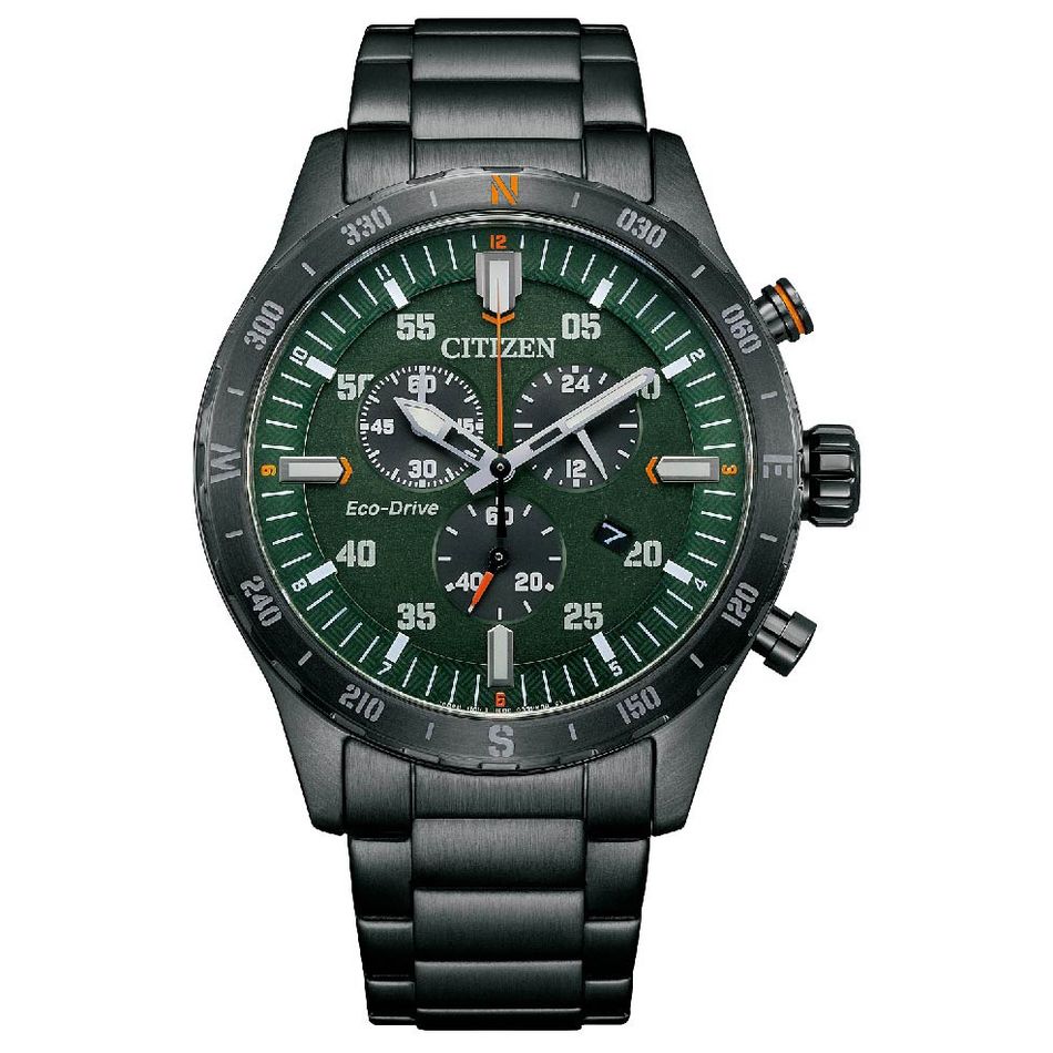 CITIZEN 星辰 | Chronograph系列 AT2527-80X | 黑鋼深綠 三眼計時錶 43.5mm 正面