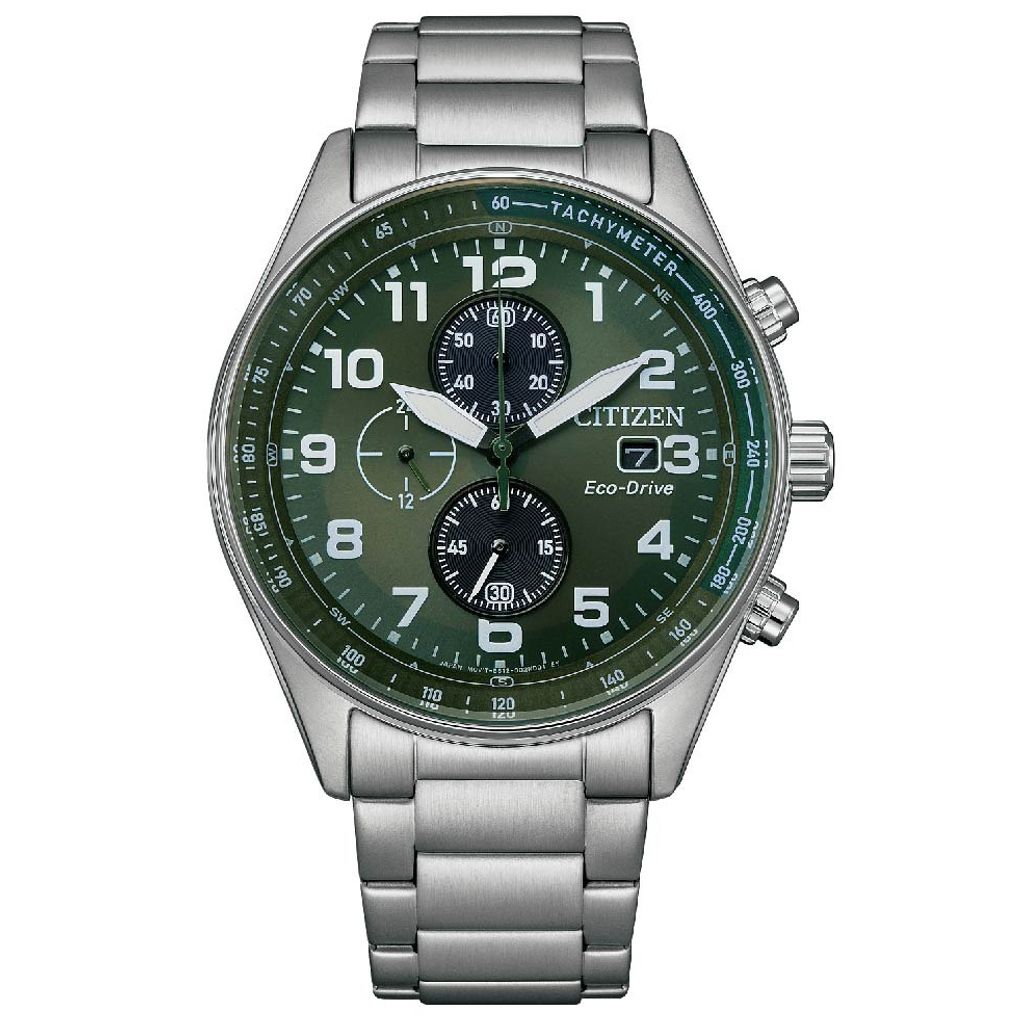 CITIZEN星辰 | CA0770-72X | 紳士綠面 全數字 三眼計時光動能 時尚手錶43mm 正面