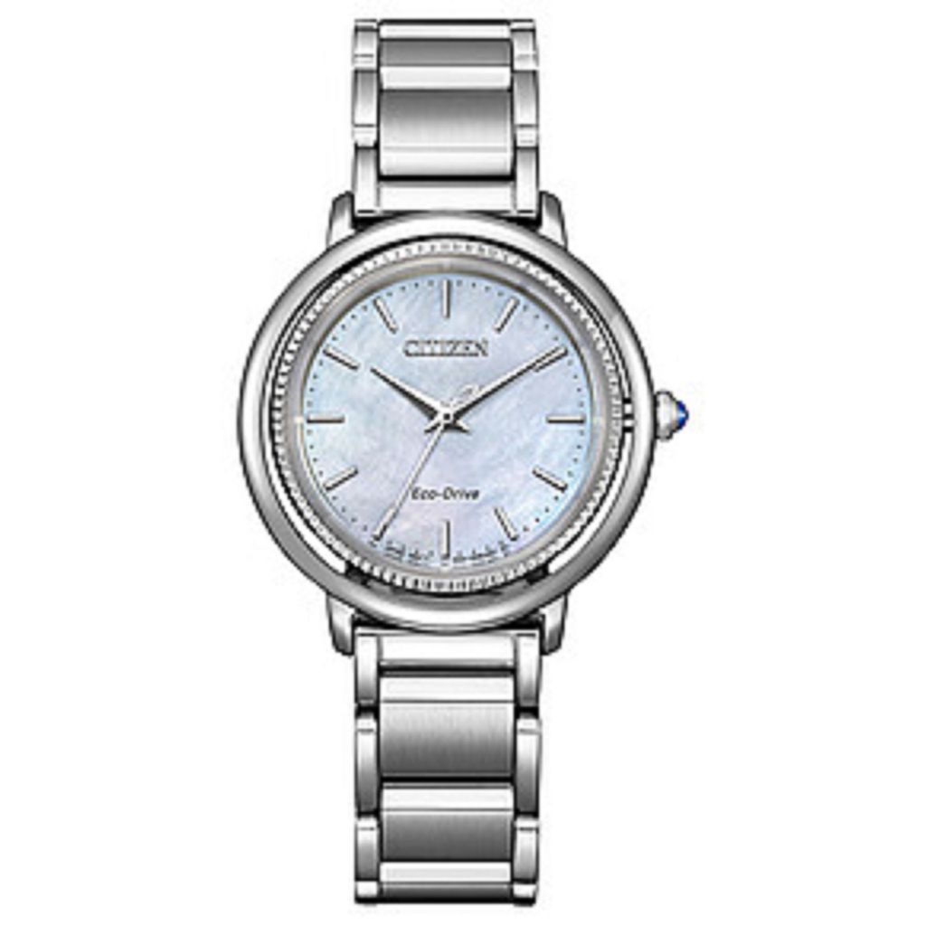 CITIZEN 星辰 | EM1100-84D | 白蝶貝面板 銀錶帶 光動能 廣告款 女錶 正面