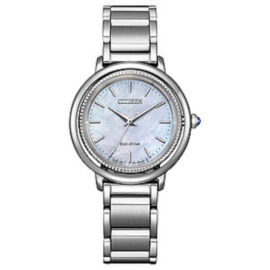 CITIZEN 星辰 | EM1100-84D | 白蝶貝面板 銀錶帶 光動能 廣告款 女錶 正面