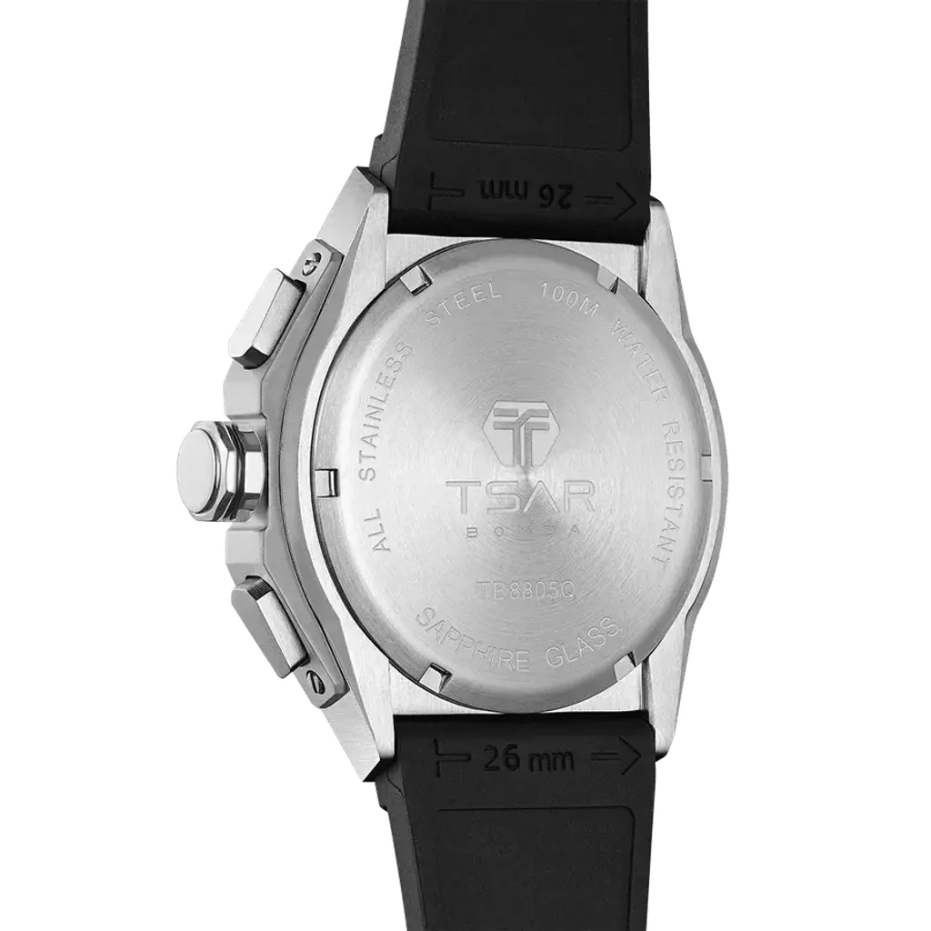 Tsar Bomba 機械公爵 | 元素系列 TB8805Q-01 | 銀色不鏽鋼 黑色氟橡膠錶帶 商務男錶背面細節