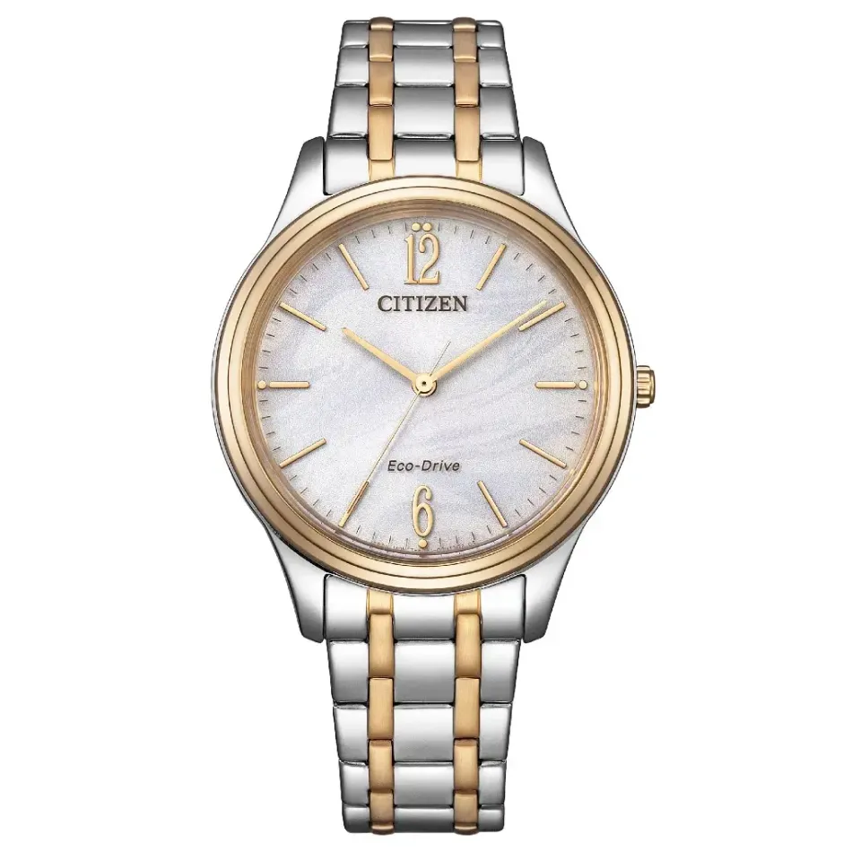 CITIZEN 星辰 | LADYS系列 EM0416-78A | 簡約香檳金框 白面 光動能腕錶 不鏽鋼錶帶 正面