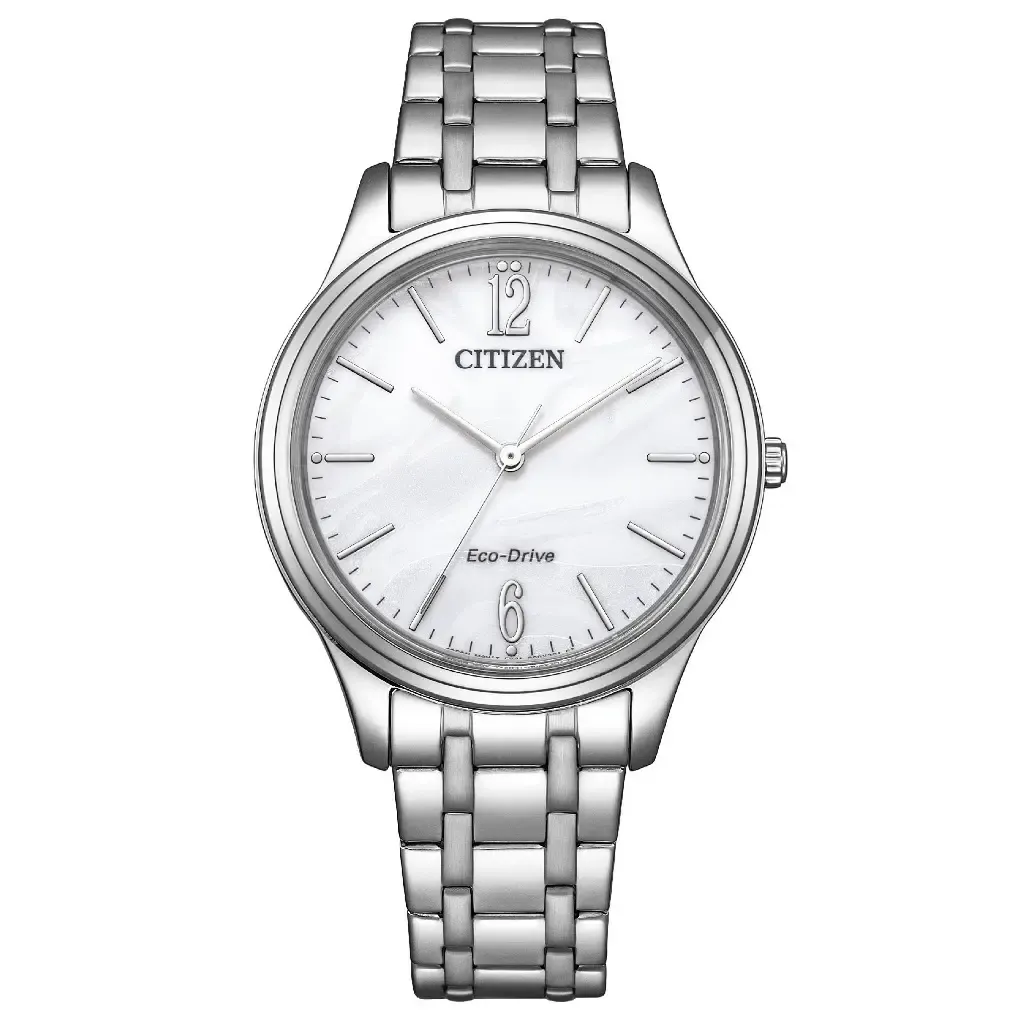 CITIZEN 星辰 | LADYS系列 EM0411-71A | 白色流沙面 光動能腕錶 不鏽鋼錶帶 正面