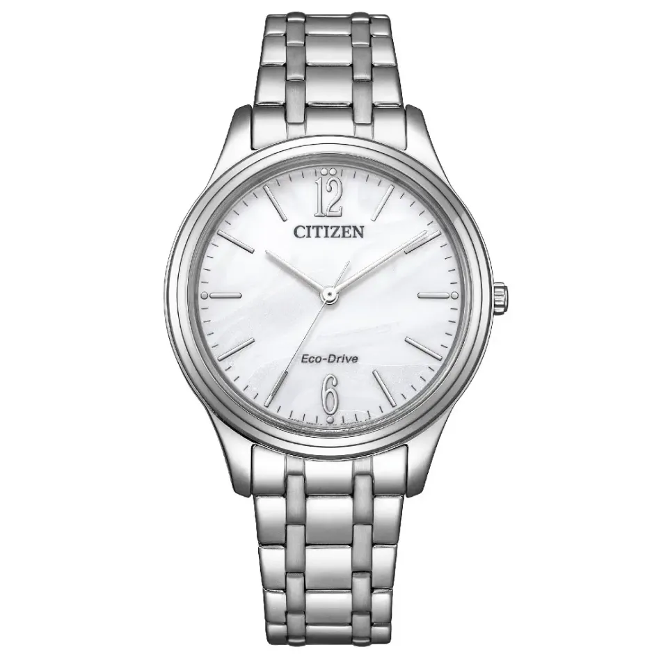 CITIZEN 星辰 | LADYS系列 EM0411-71A | 白色流沙面 光動能腕錶 不鏽鋼錶帶 正面