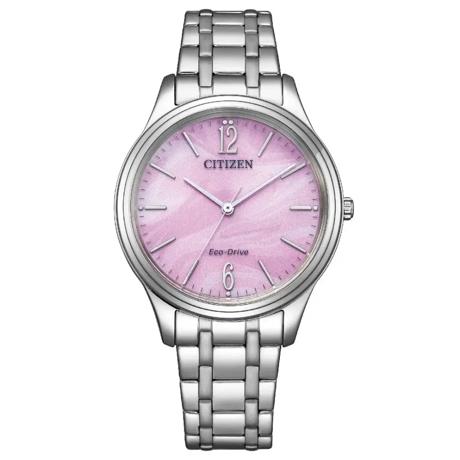 CITIZEN 星辰 | LADYS系列 EM0411-71X | 粉色流沙面 光動能腕錶 不鏽鋼錶帶 正面