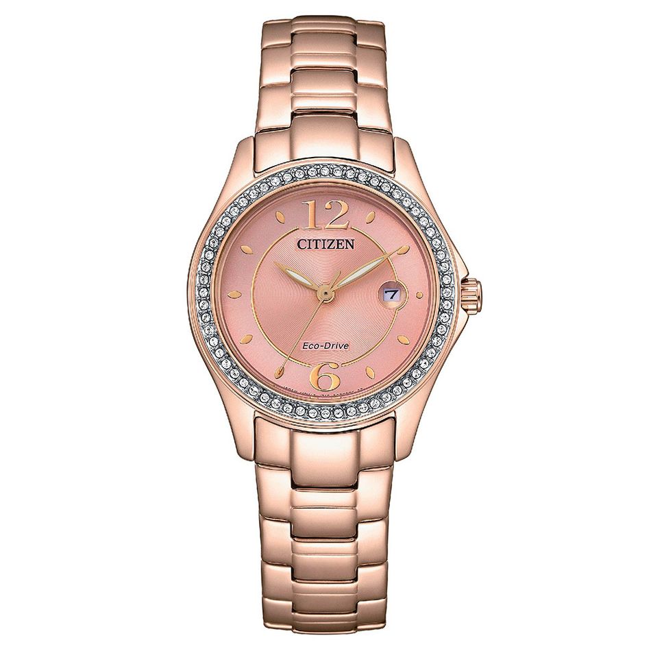 CITIZEN 星辰 | LADYS系列 FE1252-82X | 玫瑰金色系 晶鑽粉面 光動能不鏽鋼腕錶正面