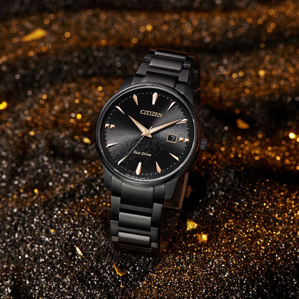 CITIZEN 星辰 | PAIR系列 BM7595-89E | 銀河黑金限定款 光動能腕錶 不鏽鋼錶帶 正面展示