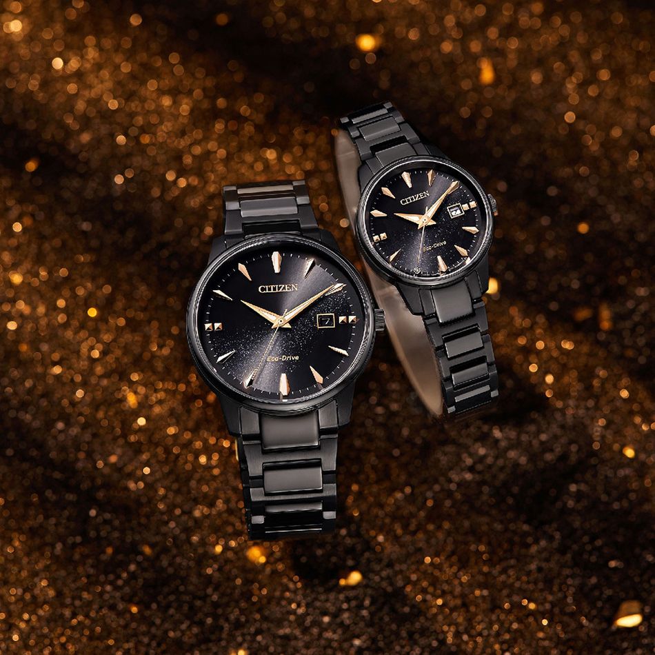 CITIZEN 星辰 | PAIR系列 BM7595-89E | 銀河黑金限定款 光動能腕錶 不鏽鋼錶帶 男女錶展示