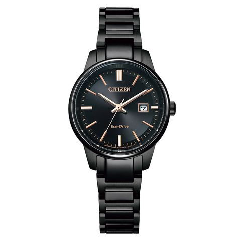 CITIZEN 星辰 | PAIR系列 EW2597-86E | 玫瑰金刻度 黑色光動能簡約對錶/女錶 29mm 正面