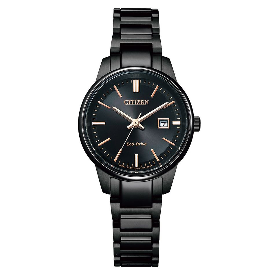 CITIZEN 星辰 | PAIR系列 EW2597-86E | 玫瑰金刻度 黑色光動能簡約對錶/女錶 29mm 正面