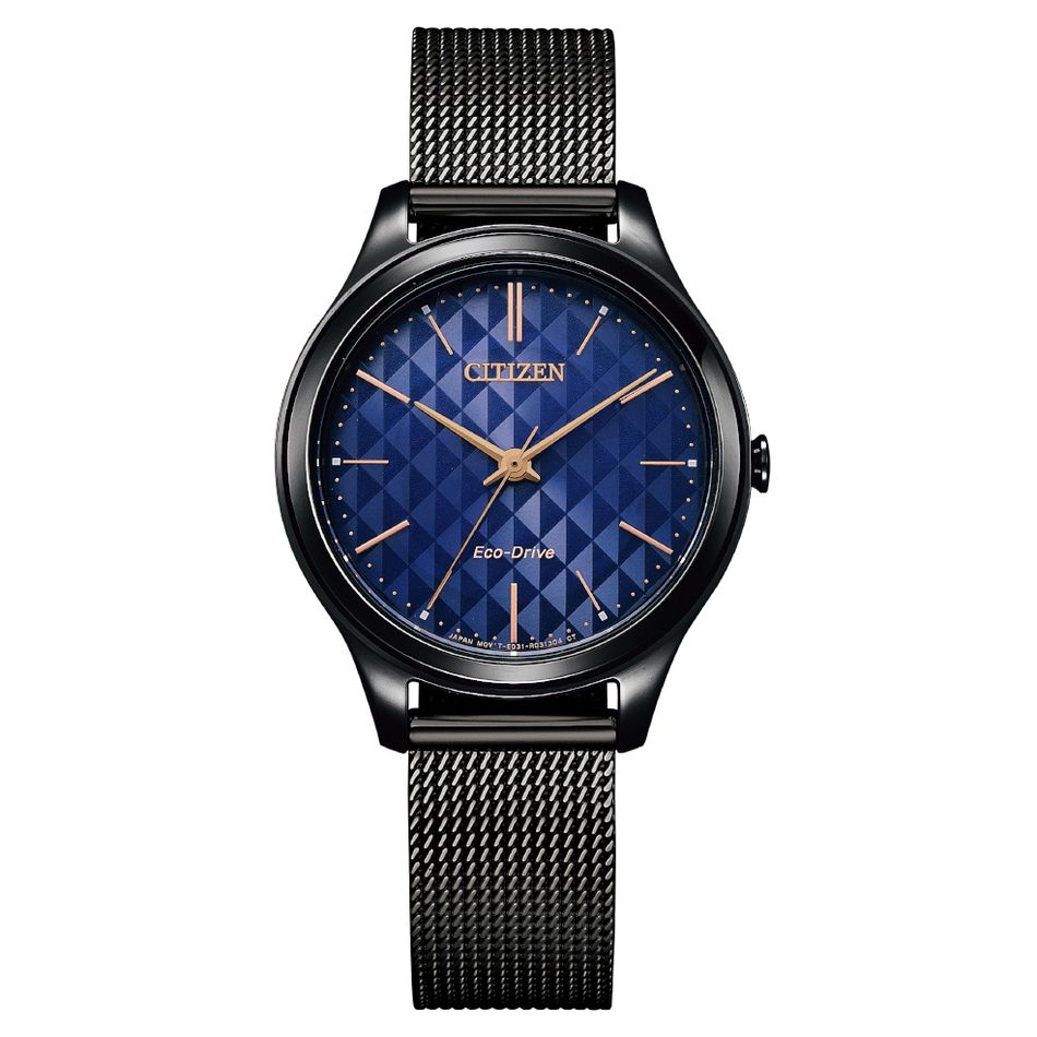 CITIZEN星辰 | EM0505-88L | 亞洲限定款 菱格藍錶面 光動能 時尚女錶 正面