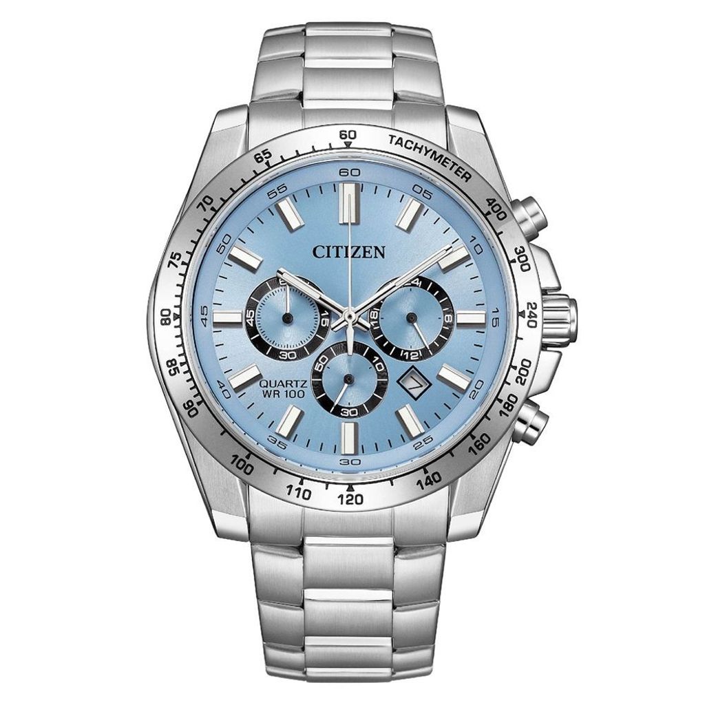 CITIZEN星辰 | Chronograph系列 AN8230-59L | 冰藍錶面 銀錶帶 運動潮男計時石英腕錶 44mm 正面