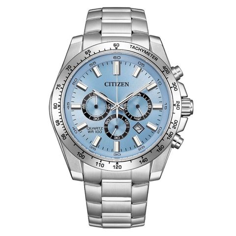 CITIZEN星辰 | Chronograph系列 AN8230-59L | 冰藍錶面 銀錶帶 運動潮男計時石英腕錶 44mm 正面