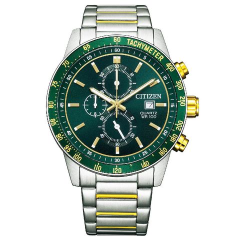 CITIZEN星辰 | CHRONOGRAPH系列 AN3689-55X | 三眼計時碼錶 綠金錶面 金銀不鏽鋼錶帶 正面