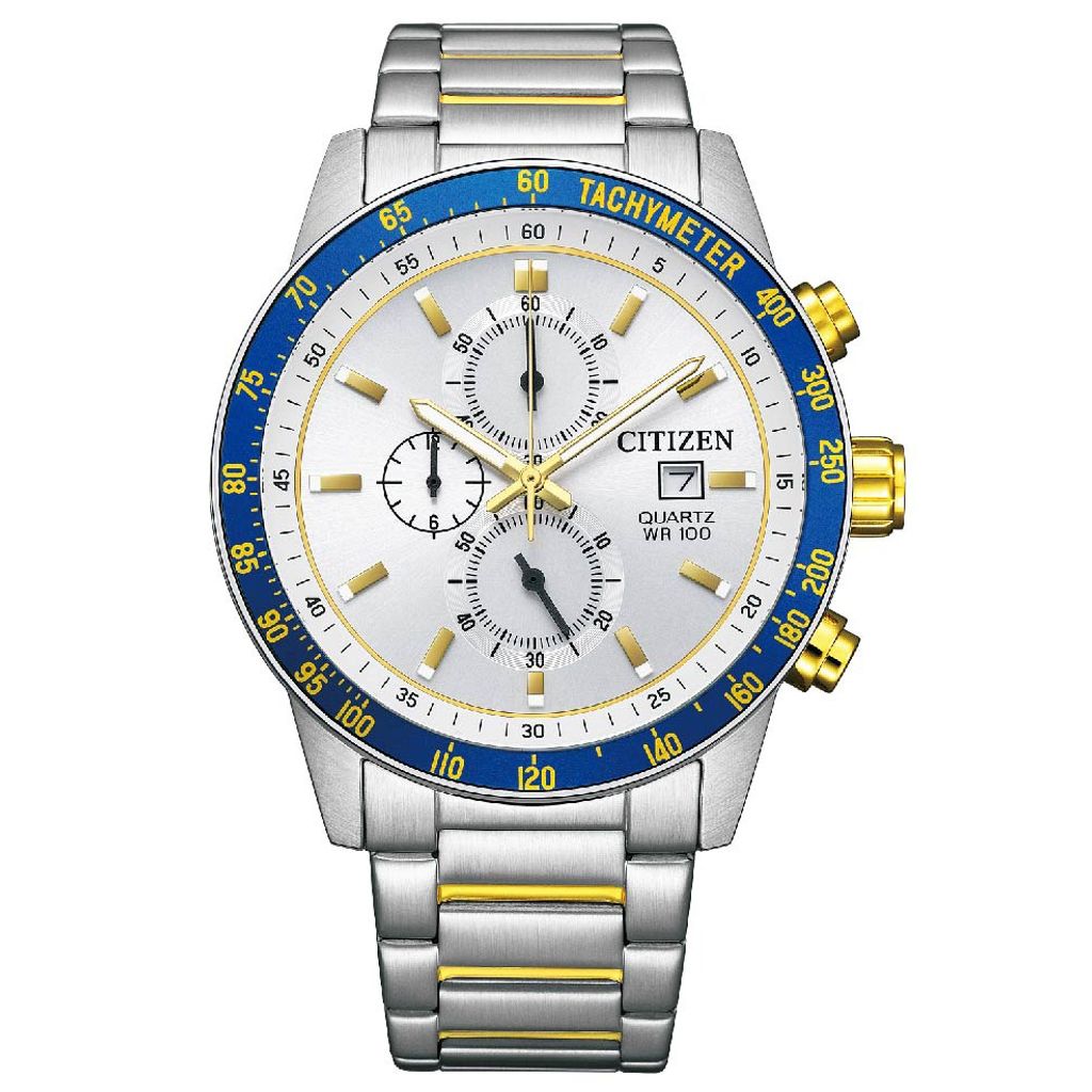 CITIZEN星辰 | Chronograph系列 AN3686-53A | 三眼計時碼錶 白面藍框金刻度 不鏽鋼錶帶 正面