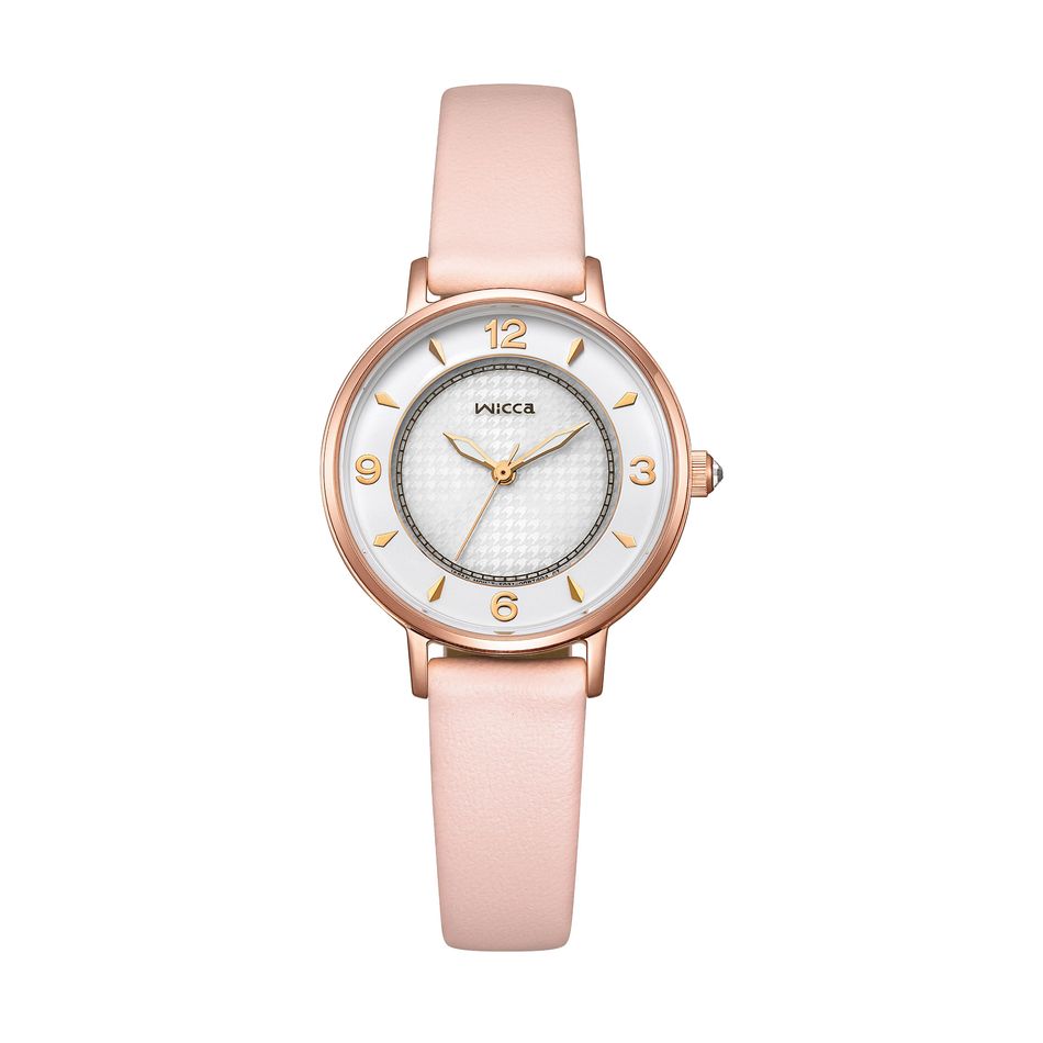 CITIZEN星辰 | Wicca 少女系列 KP3-456-16 | 台灣限定款 白色千鳥格紋太陽能手錶 少女粉 正面