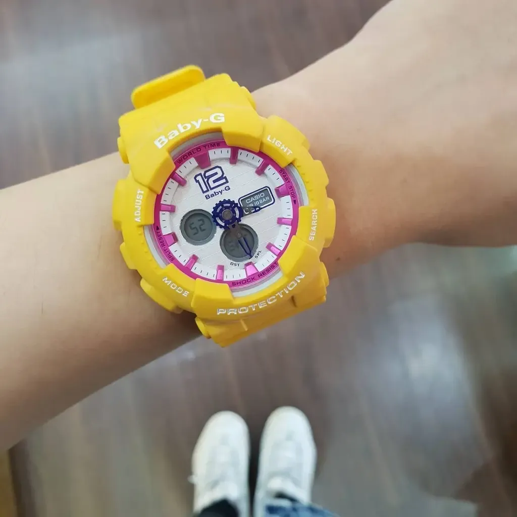 CASIO | BABY-G系列 BA-120-9B | 活力啦啦隊 黃x桃紅 運動潮流錶 實戴細節