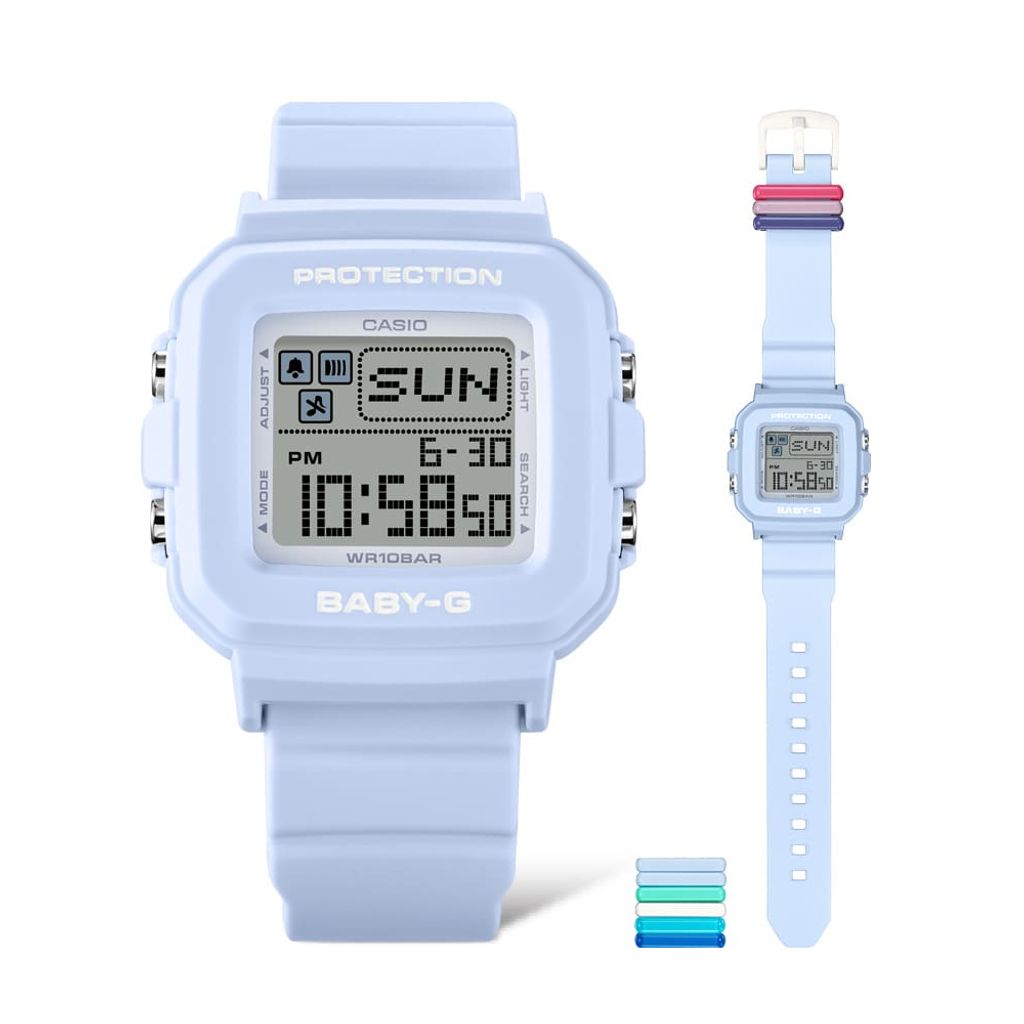 CASIO BABY-G | ＋PLUS BGD-10L-2 | 多彩皮帶環 淺藍色方形電子錶 正面展示