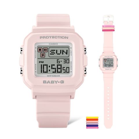 CASIO BABY-G | ＋PLUS BGD-10L-4 | 多彩皮帶環 淺粉色方形電子錶 正面展示