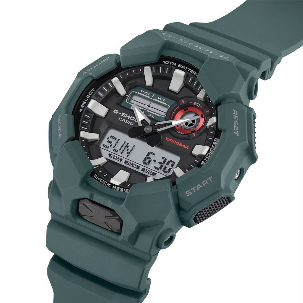 CASIO G-SHOCK | GA-010-2A | 灰綠 長效電池 雙顯腕錶 側面