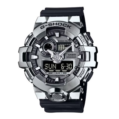 CASIO G-SHOCK | 金屬系列 GM-700-1A | 銀色錶框 黑錶帶 防震雙顯電子錶 正面