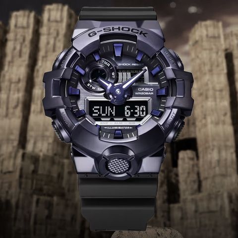 CASIO G-SHOCK | 金屬系列 GM-700P-6A | 紫黑金屬錶殼 大錶徑 雙顯錶 正面展示