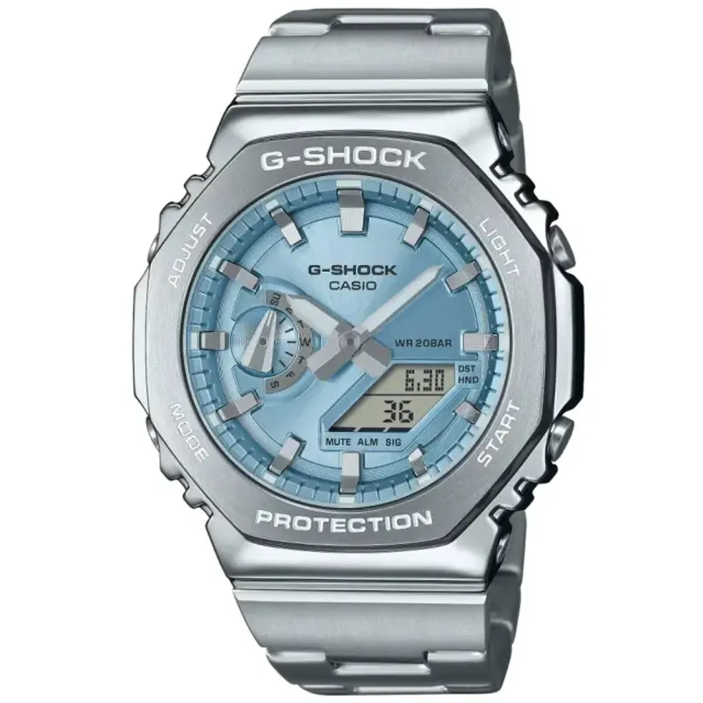 CASIO G-SHOCK | GM-2110D-2A | 淺藍錶面 八角金屬雙顯腕錶 正面
