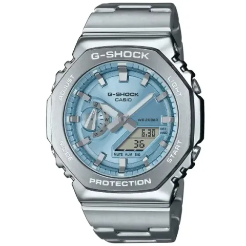 CASIO G-SHOCK | GM-2110D-2A | 淺藍錶面 八角金屬雙顯腕錶 正面