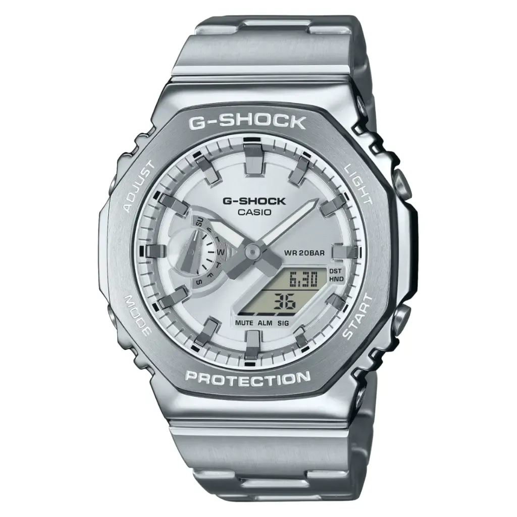 CASIO G-SHOCK | GM-2110D-7ADR | 經典八角形錶殼 高質感金屬 絢彩錶盤 銀白色 正面