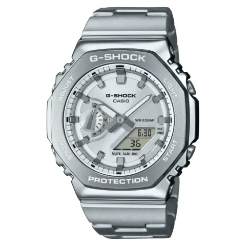 CASIO G-SHOCK | GM-2110D-7ADR | 經典八角形錶殼 高質感金屬 絢彩錶盤 銀白色 正面