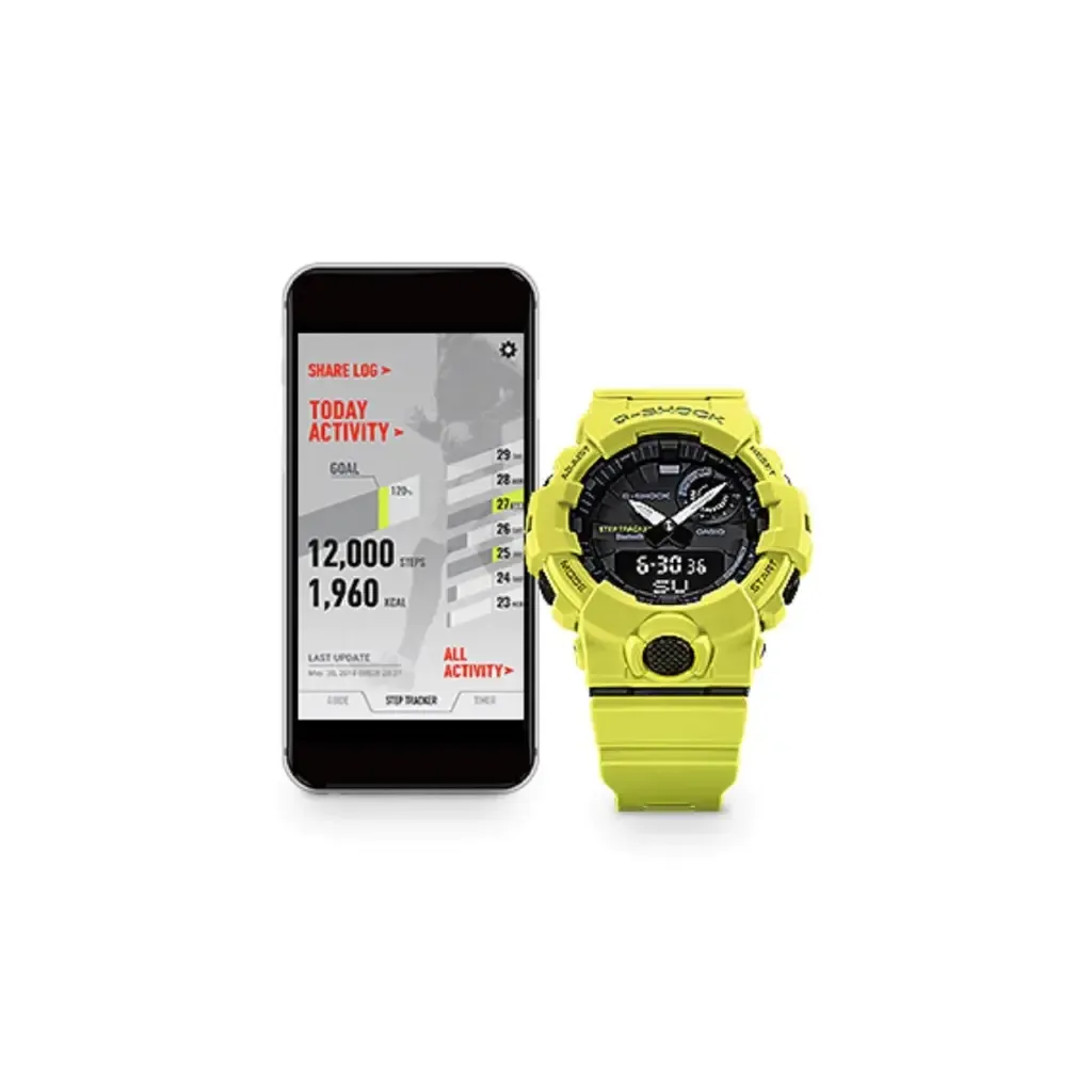 CASIO G-SHOCK | 慢跑系列 GBA-800-9A | 亮黃 藍芽連線計步運動潮流錶 APP示意