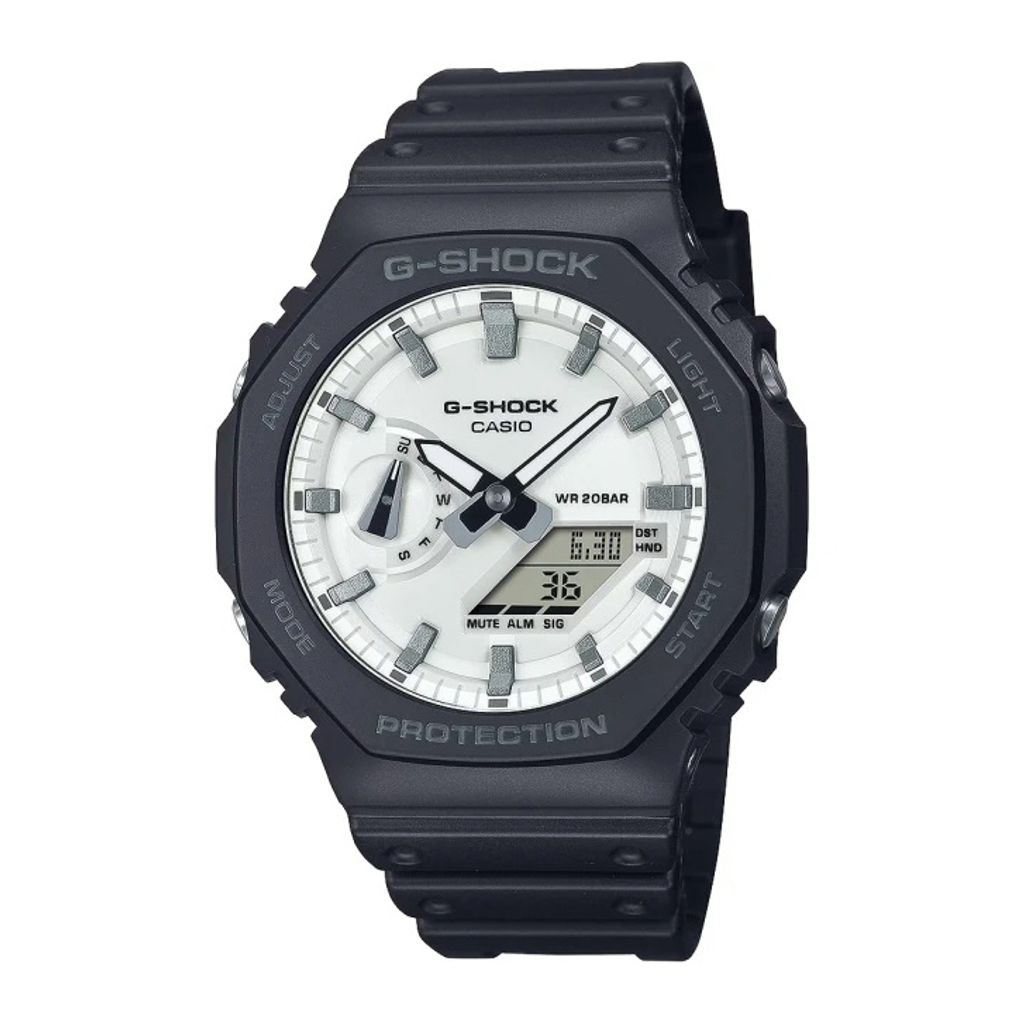 CASIO G-SHOCK | GA-2100WD-1A | 白錶盤 黑錶帶 經典八角雙顯手錶 正面