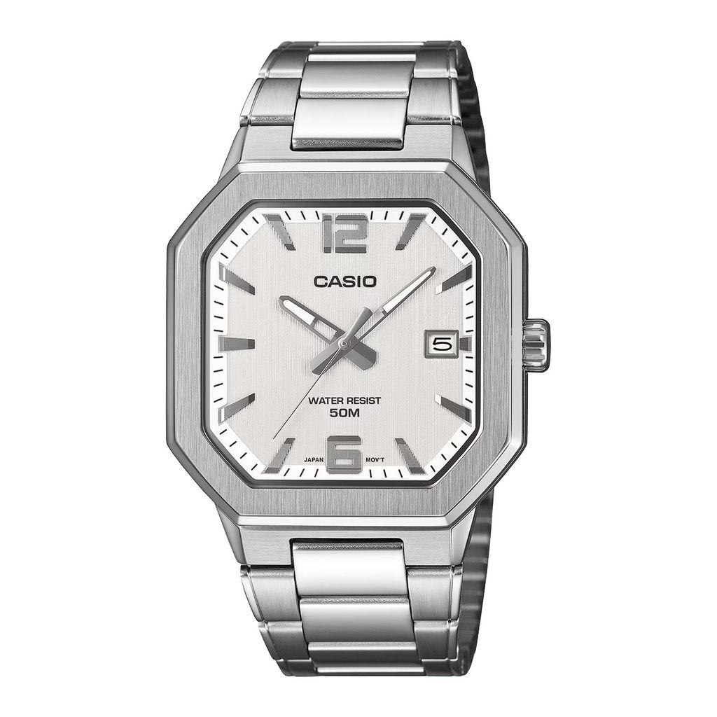 CASIO | MTP-B195D-7AV | 銀色 銀白錶盤 標準型 金屬八角形男錶 學生錶 考生推薦 正面